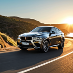 **

A BMW X6 M Sport speeding on a winding coastal road, showcasing its aggressive design and athletic stance. The sun is setting, casting a golden glow on the car and the ocean. Capture the feeling of exhilaration and freedom. Focus on the car's powerful silhouette and the dynamic movement. Consider adding motion blur to the wheels. The environment should evoke a sense of luxury and adventure.

**