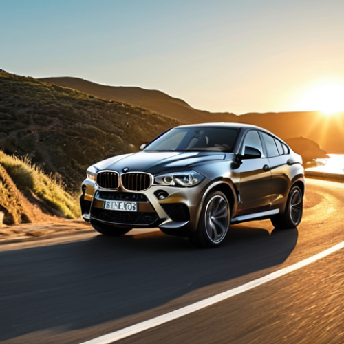 Home 11 **
A BMW X6 M Sport speeding on a winding coastal road, showcasing its aggressive design and athletic stance. The sun is setting, casting a golden glow on the car and the ocean. Capture the feeling of exhilaration and freedom. Focus on the car's powerful silhouette and the dynamic movement. Consider adding motion blur to the wheels. The environment should evoke a sense of luxury and adventure.
**