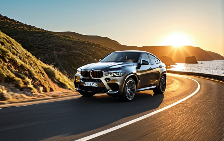 **
A BMW X6 M Sport speeding on a winding coastal road, showcasing its aggressive design and athletic stance. The sun is setting, casting a golden glow on the car and the ocean. Capture the feeling of exhilaration and freedom. Focus on the car's powerful silhouette and the dynamic movement. Consider adding motion blur to the wheels. The environment should evoke a sense of luxury and adventure.
**