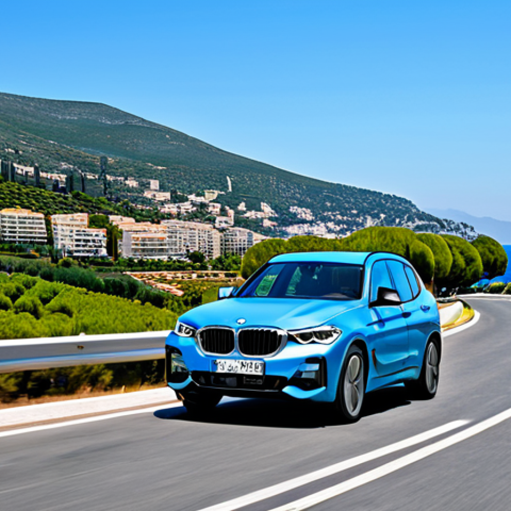 BMW iX3 on the French Riviera**
"A fully clothed professional driver in a BMW iX3 driving along a scenic road on the Côte d'Azur, France. The car is electric blue and sleek. Background shows the Mediterranean Sea and rolling hills. Clear, sunny day. Perfect anatomy, correct proportions, professional photography, high quality, safe for work, appropriate content, family-friendly, modest."
**