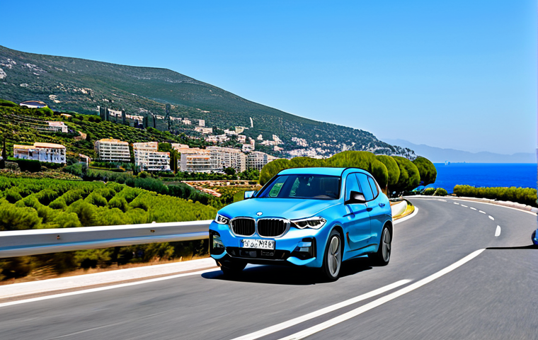 BMW iX3 on the French Riviera**
"A fully clothed professional driver in a BMW iX3 driving along a scenic road on the Côte d'Azur, France. The car is electric blue and sleek. Background shows the Mediterranean Sea and rolling hills. Clear, sunny day. Perfect anatomy, correct proportions, professional photography, high quality, safe for work, appropriate content, family-friendly, modest."
**