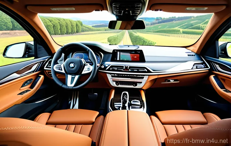 BMW X5와 X7의 패밀리카 비교 - **Prompt:** A serene and luxurious interior view of a BMW X7 during a family road trip through the p...
