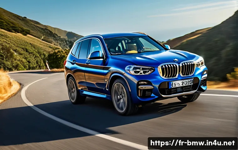 BMW X3와 아우디 Q5의 성능 비교 - A dynamic scene showing a BMW X3 driving swiftly along a winding mountain road during golden hour, h...