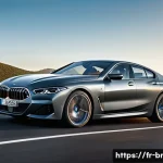 BMW 8시리즈의 스포츠 성능 리뷰 - A sleek BMW S&eacute;rie 8 in dynamic motion on a winding mountain road at sunset, showcasing its aerodynam...