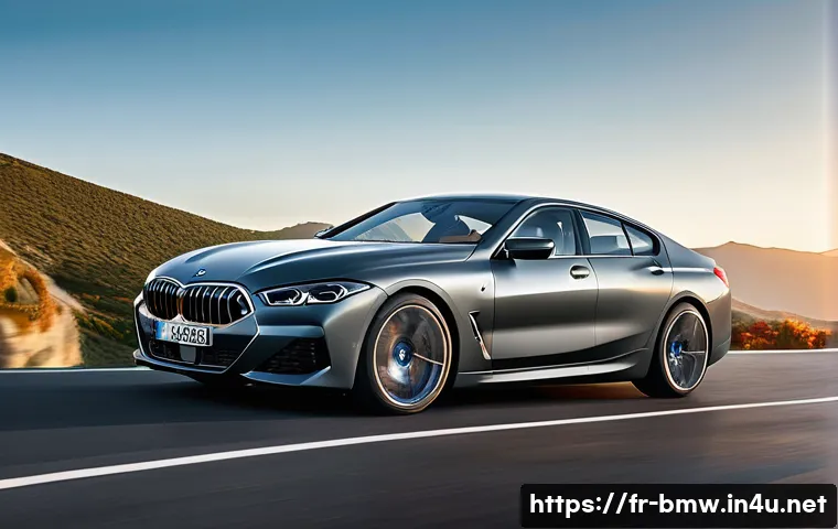 BMW 8시리즈의 스포츠 성능 리뷰 - A sleek BMW S&eacute;rie 8 in dynamic motion on a winding mountain road at sunset, showcasing its aerodynam...