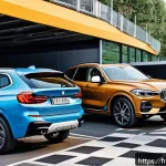 BMW X3와 볼보 XC60 유지비 비교 - A detailed comparison scene illustrating a BMW X3 and a Volvo XC60 parked side by side in a modern u...