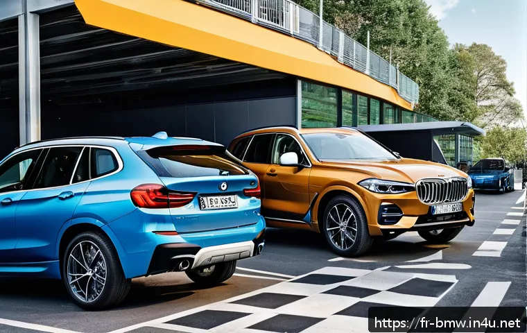 BMW X3와 볼보 XC60 유지비 비교 - A detailed comparison scene illustrating a BMW X3 and a Volvo XC60 parked side by side in a modern u...