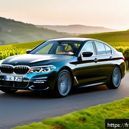 BMW 5시리즈의 주행 테스트 결과 - A sleek BMW 5 Series sedan parked on a scenic French countryside road during golden hour, showcasing...