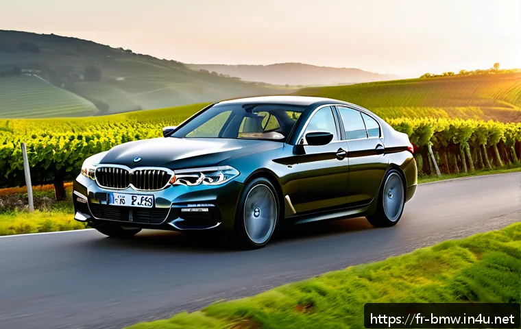 BMW 5시리즈의 주행 테스트 결과 - A sleek BMW 5 Series sedan parked on a scenic French countryside road during golden hour, showcasing...